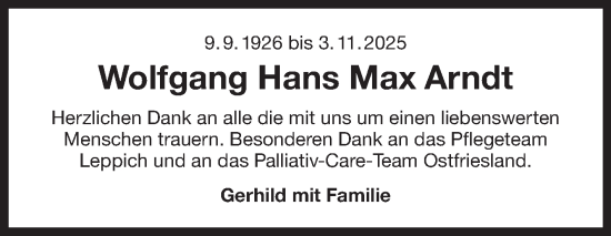 Traueranzeige von Wolfgang Hans Max Arndt von Ostfriesischer Kurier