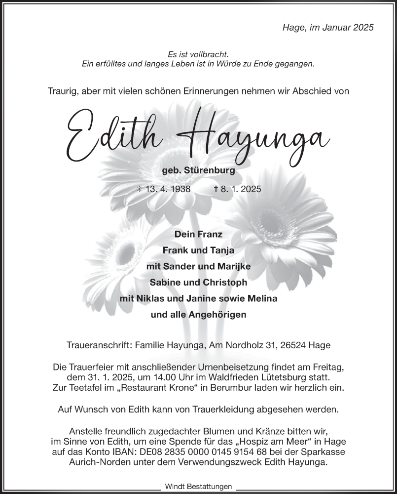  Traueranzeige für Edith Hayunga vom 03.02.2025 aus OSTFRIESISCHER KURIER