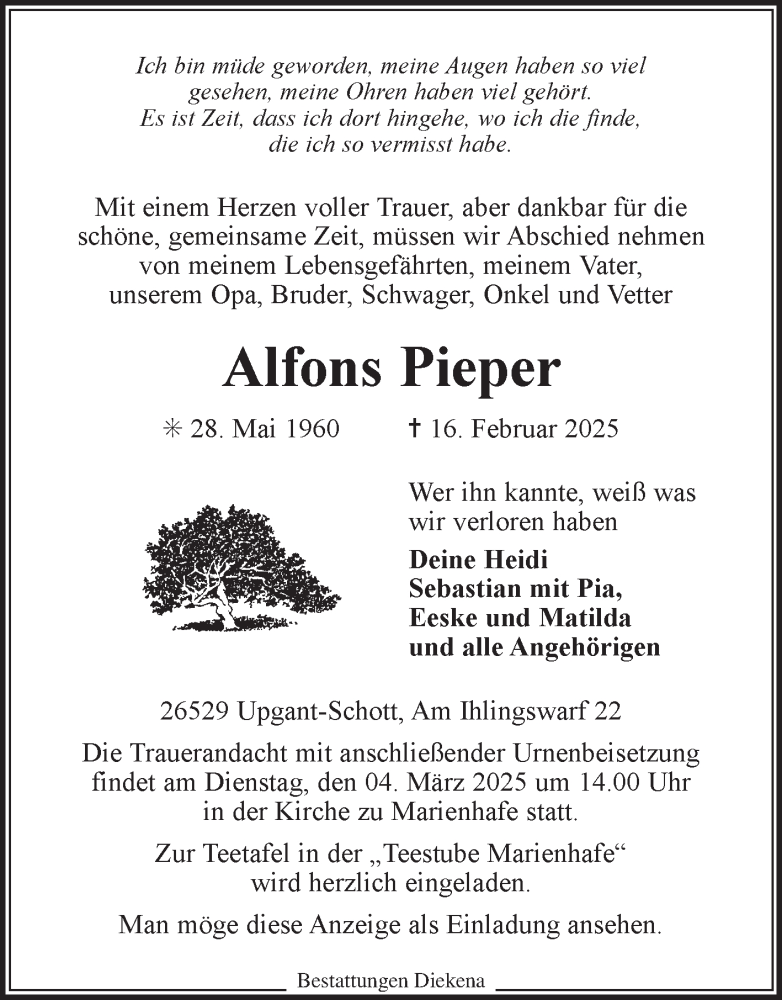  Traueranzeige für Alfons Pieper vom 18.02.2025 aus Ostfriesischer Kurier