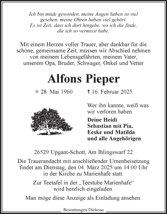 Traueranzeige von Alfons Pieper von Ostfriesischer Kurier