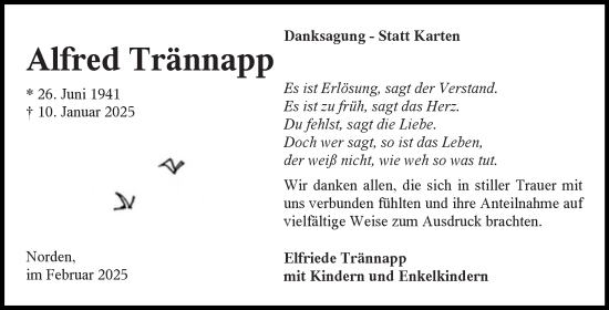 Traueranzeige von Alfred Trännapp von Ostfriesischer Kurier