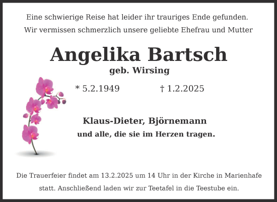 Traueranzeige von Angelika Bartsch von Ostfriesischer Kurier