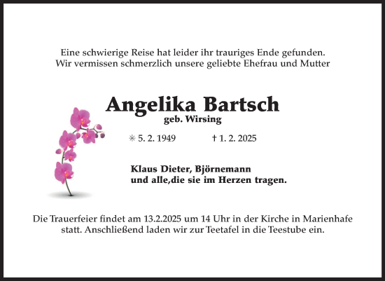 Traueranzeige von Angelika Bartsch von Ostfriesischer Kurier