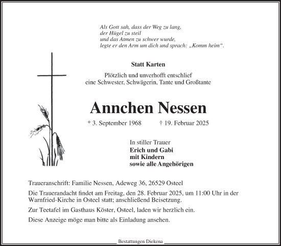 Traueranzeige von Annchen Nessen von Ostfriesischer Kurier