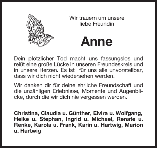 Traueranzeige von Anne  von Ostfriesischer Kurier