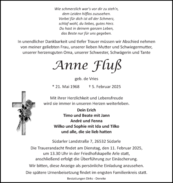 Traueranzeige von Anne Fluß von Ostfriesischer Kurier