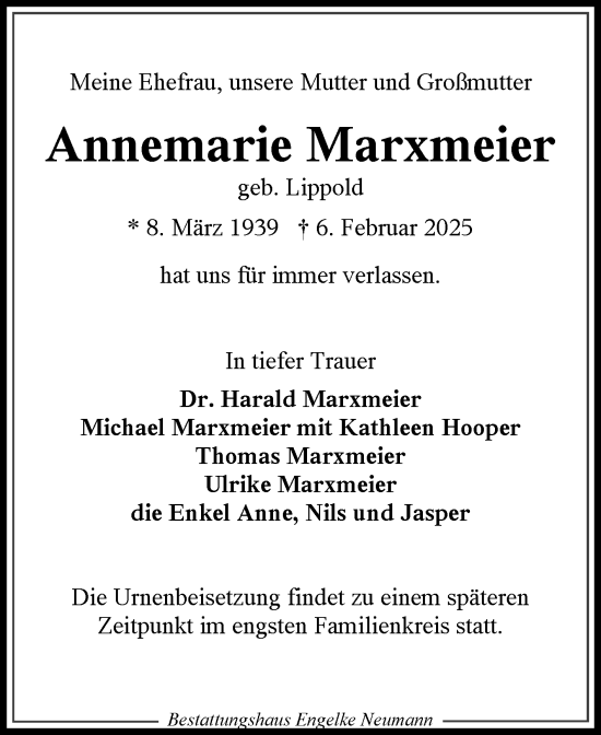 Traueranzeige von Annemarie Marxmeier von Ostfriesischer Kurier