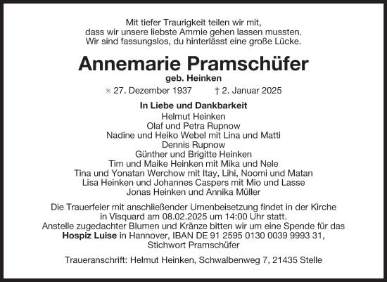 Traueranzeige von Annemarie Pramschüfer von Ostfriesischer Kurier