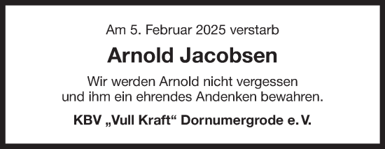 Traueranzeige von Arnold Jacobsen von Ostfriesischer Kurier
