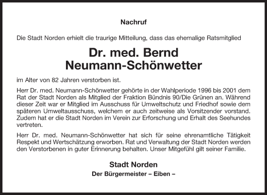 Traueranzeige von Bernd Neumann-Schönwetter von Ostfriesischer Kurier