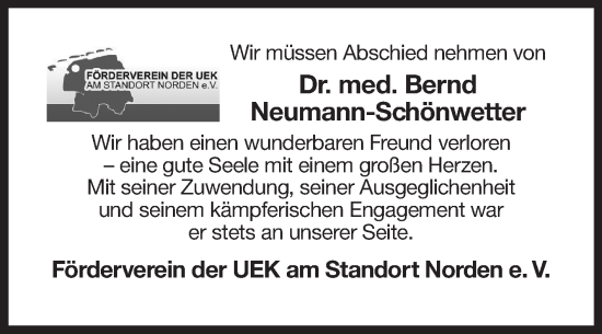 Traueranzeige von Bernd Neumann-Schönwetter von Ostfriesischer Kurier