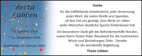 Traueranzeige von Berta Lübben von Ostfriesischer Kurier