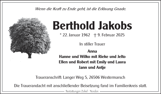 Traueranzeige von Berthold Jakobs von Ostfriesischer Kurier