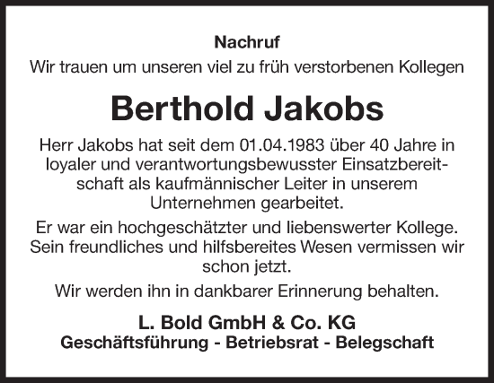 Traueranzeige von Berthold Jakobs von Ostfriesischer Kurier