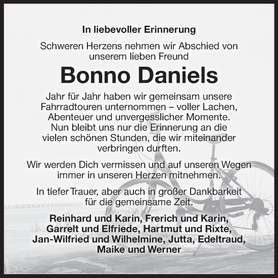 Traueranzeige von Bonno Daniels von Ostfriesischer Kurier