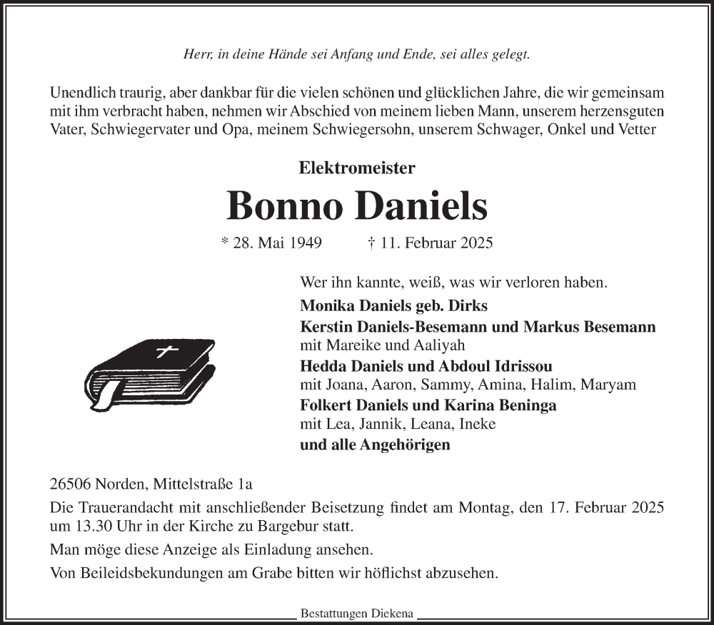  Traueranzeige für Bonno Daniels vom 14.02.2025 aus Ostfriesischer Kurier