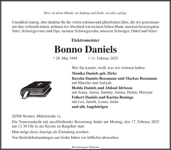 Traueranzeige von Bonno Daniels von Ostfriesischer Kurier