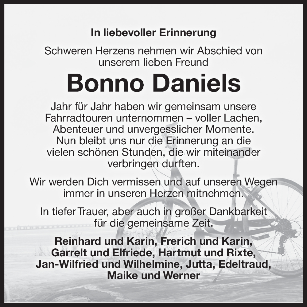  Traueranzeige für Bonno Daniels vom 15.02.2025 aus Ostfriesischer Kurier