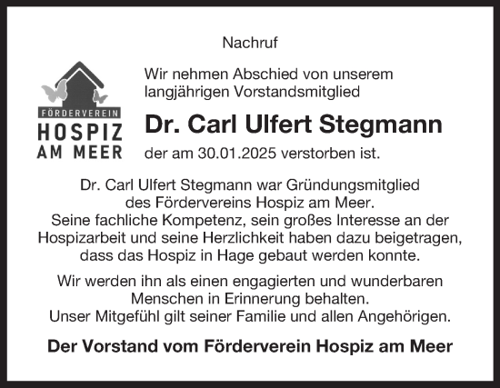 Traueranzeige von Carl Ulfert Stegmann von Ostfriesischer Kurier