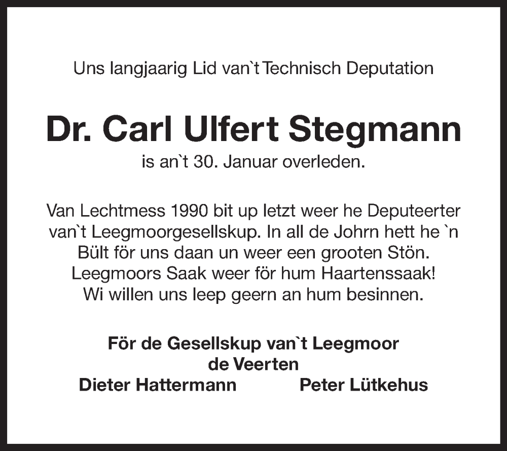  Traueranzeige für Carl Ulfert Stegmann vom 06.02.2025 aus Ostfriesischer Kurier