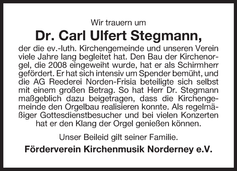  Traueranzeige für Carl Ulfert Stegmann vom 04.02.2025 aus Ostfriesischer Kurier
