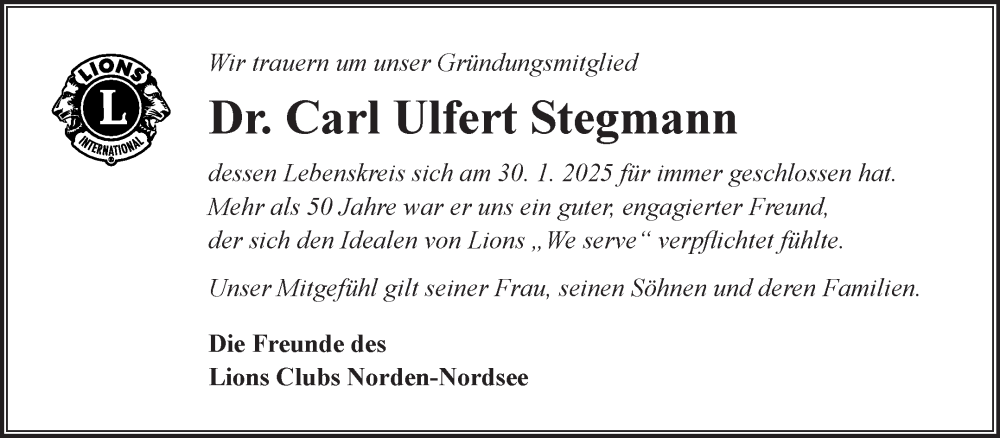  Traueranzeige für Carl Ulfert Stegmann vom 04.02.2025 aus Ostfriesischer Kurier