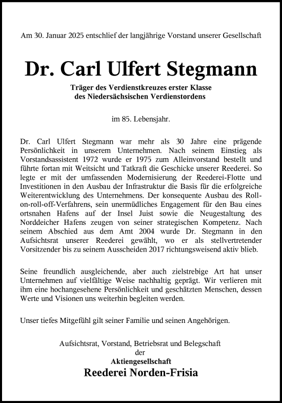 Traueranzeige von Carl Ulfert Stegmann von Ostfriesischer Kurier