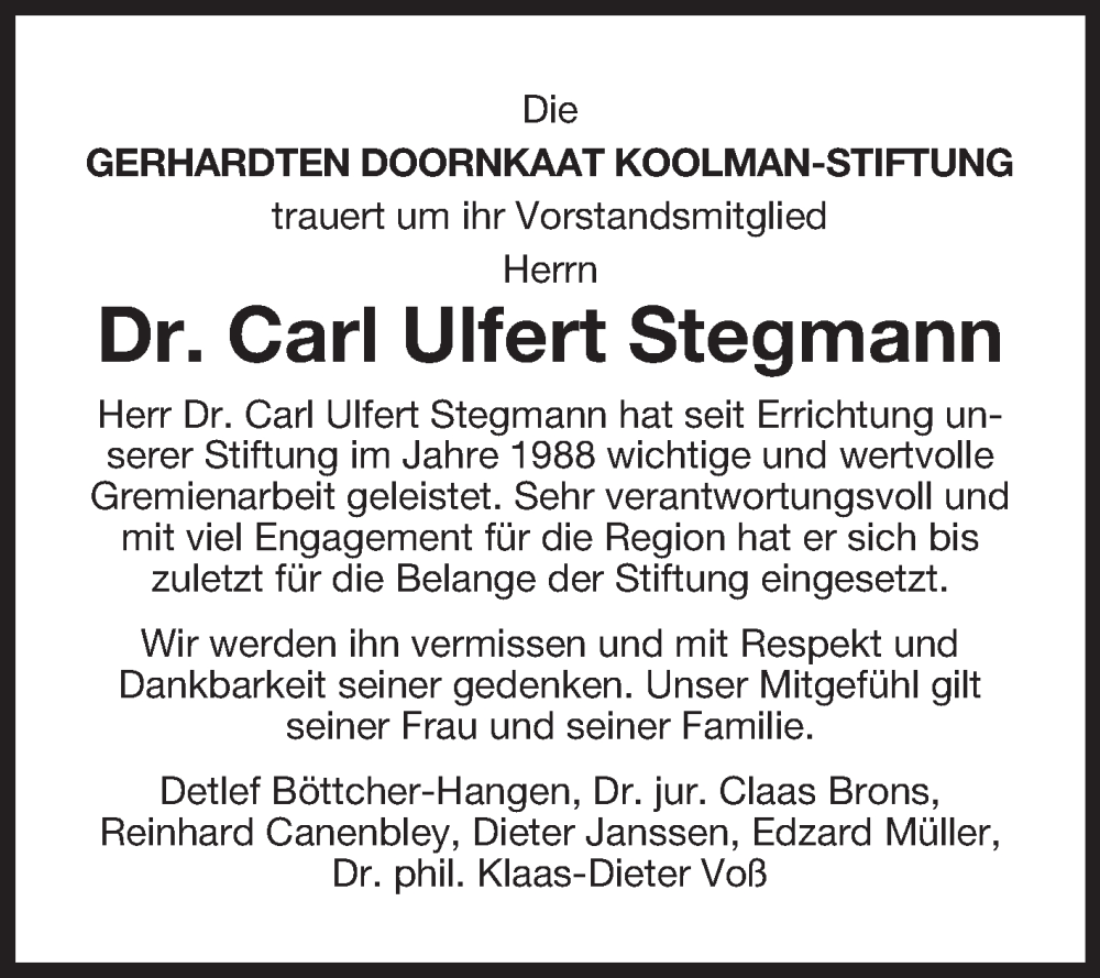  Traueranzeige für Carl Ulfert Stegmann vom 06.02.2025 aus Ostfriesischer Kurier