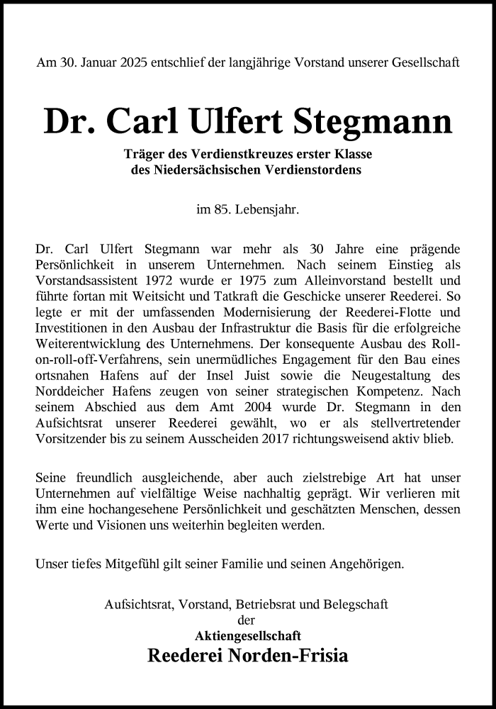  Traueranzeige für Carl Ulfert Stegmann vom 03.02.2025 aus Ostfriesischer Kurier