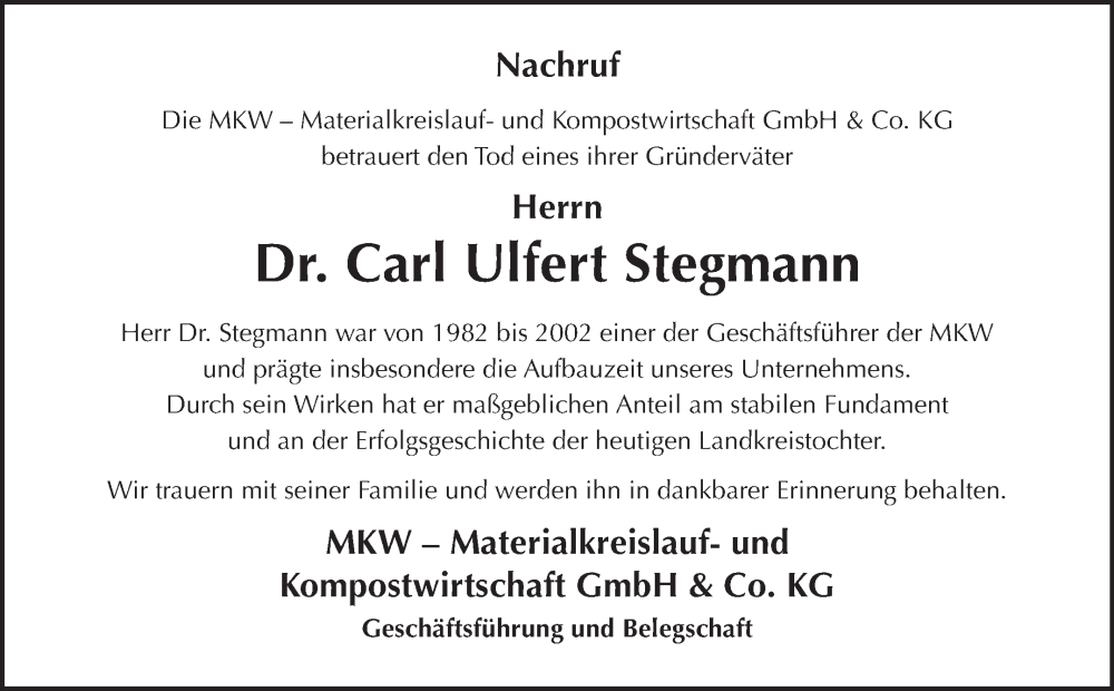  Traueranzeige für Carl Ulfert Stegmann vom 05.02.2025 aus Ostfriesischer Kurier