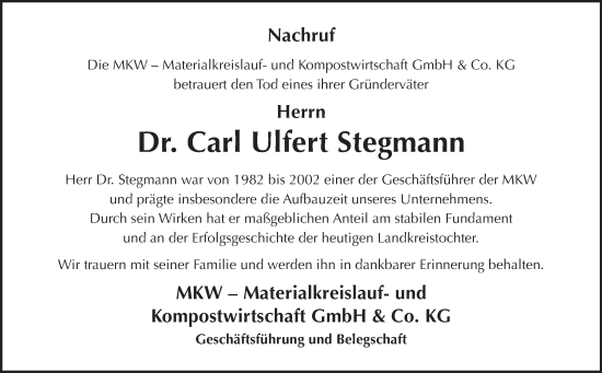 Traueranzeige von Carl Ulfert Stegmann von Ostfriesischer Kurier