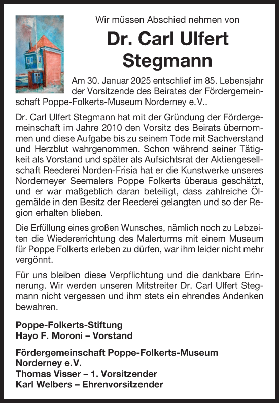 Traueranzeige von Carl Ulfert Stegmann von Ostfriesischer Kurier