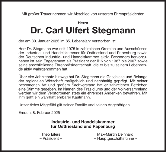 Traueranzeige von Carl Ulfert Stegmann von Ostfriesischer Kurier