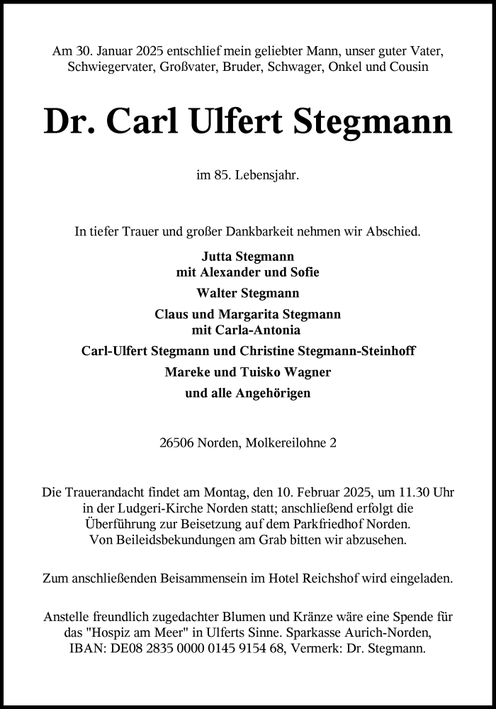  Traueranzeige für Carl Ulfert Stegmann vom 03.02.2025 aus Ostfriesischer Kurier