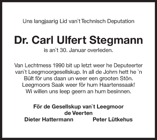 Traueranzeige von Carl Ulfert Stegmann von Ostfriesischer Kurier