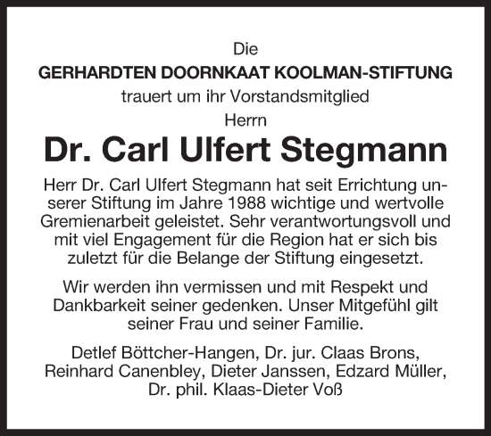 Traueranzeige von Carl Ulfert Stegmann von Ostfriesischer Kurier