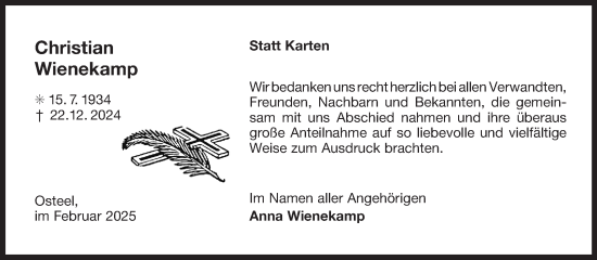 Traueranzeige von Christian Wienekamp von Ostfriesischer Kurier