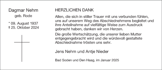 Traueranzeige von Dagmar Nehm von Ostfriesischer Kurier