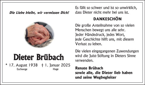 Traueranzeige von Dieter Brübach von Ostfriesischer Kurier
