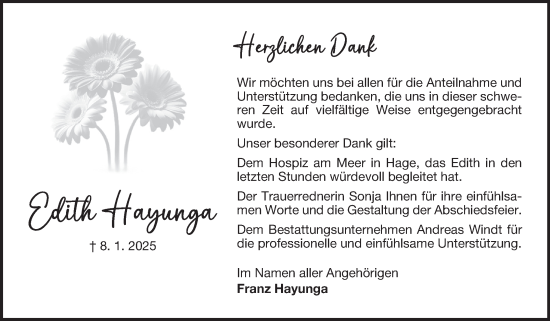 Traueranzeige von Edith Hayunga von Ostfriesischer Kurier
