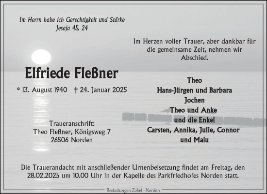 Traueranzeige von Elfriede Fleßner von Ostfriesischer Kurier