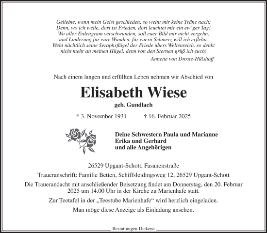 Traueranzeige von Elisabeth Wiese von Ostfriesischer Kurier