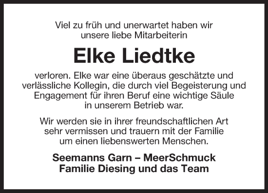 Traueranzeige von Elke Liedtke von Ostfriesischer Kurier