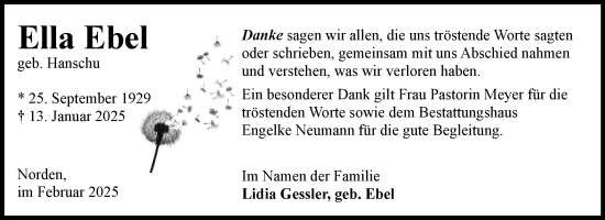 Traueranzeige von Ella Ebel von Ostfriesischer Kurier