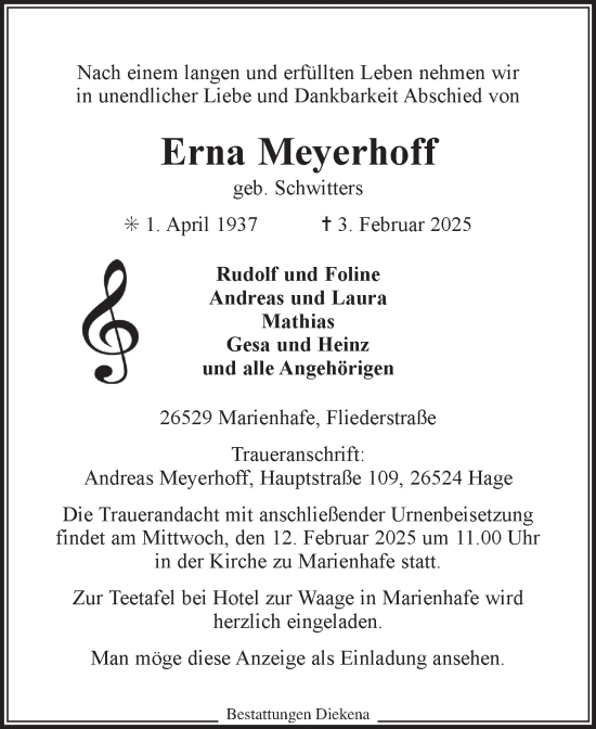 Traueranzeige von Erna Meyerhoff von Ostfriesischer Kurier