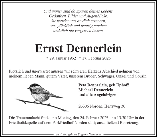 Traueranzeige von Ernst Dennerlein von Ostfriesischer Kurier