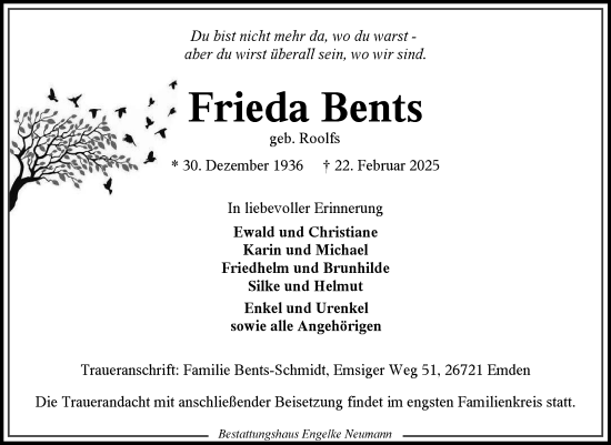Traueranzeige von Frieda Bents von Ostfriesischer Kurier