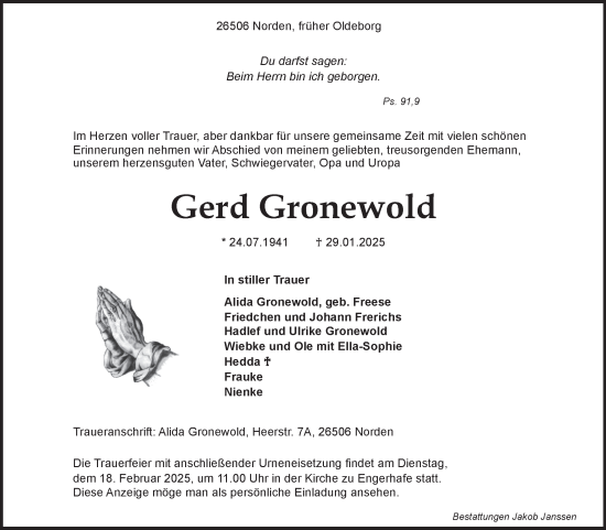 Traueranzeige von Gerd Gronewold von Ostfriesischer Kurier