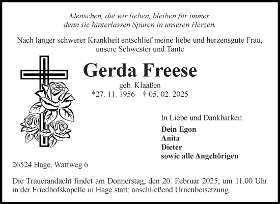 Traueranzeige von Gerda Freese von Ostfriesischer Kurier