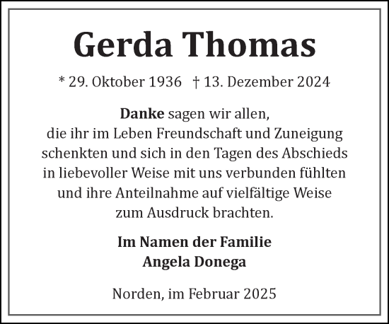 Traueranzeige von Gerda Thomas von Ostfriesischer Kurier